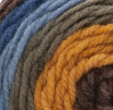 Swatch of Bernat Pop! yarn in shade rainy day (brown, dark blue, medium blue, grey, pale orange colourway)