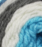 Swatch of Bernat Pop! yarn in shade blue streak (off white, grey, light to dark blue ombre colourway)