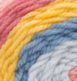 Swatch of Bernat Pop! yarn in shade handcrafted (light blue, medium blue, yellow, rose pink, baby pink colourway)