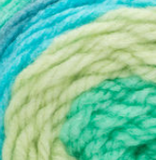Swatch of Bernat Pop! yarn in shade peacock plume (pale greens and green/blue colourway)