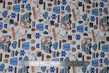 Flat swatch paramedic white fabric (white fabric with small tossed full colour paramedic themed emblems: orange stretchers, blue vests and hats, "EMT/EMS" badges and text, blood pressure cuffs, scissors, etc.)