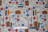 Flat swatch doctor gadgets white fabric (white fabric with tossed full colour emblems: "Doctor is in" text, red hearts with beat, first aid sign, red plusses, brown leather bags, blood pressure cuffs, etc.)