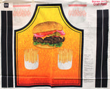 Full panel swatch - Burger Apron Panel (36"x 45") (black bordered apron with yellow to orange ombre with flame details, large hamburger and 2 groups of french fries underneath)