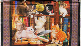 Full panel swatch - Kitties Panel (24" x 45") (large rectangular graphic showing vintage style library shelves and books with 7 kittens in various colourings playing and lounging)