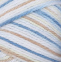 A ball of Bernat Softee Baby yarn in shade little boy blue (white, beige, light to medium blue colourway)