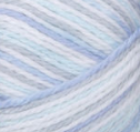 Swatch of Bernat Softee Baby yarn in shade blue flannel (white, pale light blue, pale light purple, light grey colourway)
