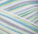 Swatch of Bernat Softee Baby yarn in shade prince pebbles (white, yellow, teal, purple colourway)