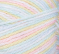 Swatch of Bernat Softee Baby yarn in shade baby baby (white, baby pink, baby blue, pale yellow colourway)