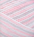 Swatch of Bernat Softee Baby yarn in shade pink flannel (white, baby pink, pale light purple colourway)