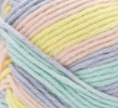 Swatch of Bernat Softee Baby Cotton yarn in shade candy colours varg (pastel blue, pink, purple, yellow colourway)