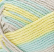 Swatch of Bernat Softee Baby Cotton yarn in shade sunny sidewalk varg (baby blue, bright yellow, pale purple/grey colourway)