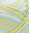 Swatch of Bernat Softee Baby Cotton yarn in shade lavender fields (white, baby blue, pale yellow, pale green colourway)