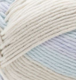Swatch of Bernat Softee Baby Cotton yarn in shade rainstorm varg (white, pale grey/purple, pale purple colourway)