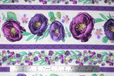 Flat swatch violette fabric in striped violettes (white fabric with purple stripes separating purple floral designs, large floral heads and greenery, small floral with lots of greenery)