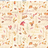 Square swatch Thankful Natural fabric (pale beige fabric with tossed red, orange and yellow autumn leaves in various styles, tossed acorns, and tossed autumn related text in cursive: red, orange, yellow, green text both horizontally and vertically "Autumn" "Gatherings" etc text)