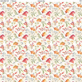 Square swatch Leaves Natural fabric (white/cream fabric with tossed red, orange and green leaves and greenery with tossed berry sprigs in red and blue)