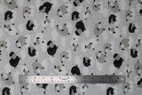 Flat swatch sheep fabric (white fabric with grey tiny polka dots allover and all white cloud cut outs, with tossed white, grey, and black cartoon sheep allover)