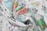 Swirled swatch sleepy forest fabric (white fabric with tossed drawn forest animals wearing pjs in green, blue, and pink, racoons, bears, owls with tossed greenery, honey pots, etc.)