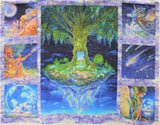 Full panel swatch tree panel (white, purple, and blue cloud look fabric with 3 medium square graphics on left and right of panel with large rectangular green celestial tree in the center. Other panels include galaxy skies, unicorns, mother nature like figures and moons. All with a dark blue, purple, orange, green colourway)