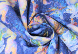 Swirled swatch unicorn lady fabric (dark blue marbled/water look fabric with light blue/purple duo tone unicorns with tossed tiny floral)