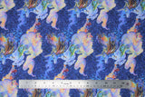 Flat swatch unicorn lady fabric (dark blue marbled/water look fabric with light blue/purple duo tone unicorns with tossed tiny floral)