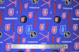 Flat swatch NHL printed fabric in Montreal Canadiens (multi logo on blue)