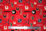 Flat swatch NHL printed fabric in Calgary Flames (multi logo on red)