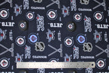 Flat swatch NHL printed fabric in Winnipeg Jets (multi logo on navy)