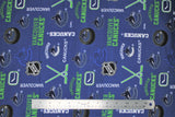 Flat swatch NHL printed fabric in Vancouver Canucks (multi logo on blue)