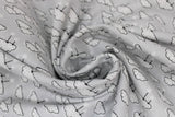 Swirled swatch clouds fabric (light grey fabric with white clouds allover with thin black outlines and polka dots and hanging white stars from some)