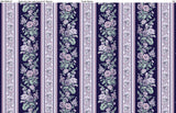 Floral Stripes fabric swatch (vertical striped fabric alternating purple stripes with busy white/purple floral with greenery, alternating with white intricate design floral stripes)