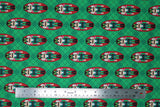 Flat swatch Nutcrackers fabric (green and subtle black diagonal plaid fabric with red oval badges with green nutcrackers within)