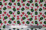 Flat swatch Bird & Hat fabric (white fabric with tossed red cardinal birds, tossed white and red floral and greenery, and tossed black helmet look hats with holly)