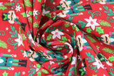 Swirled swatch Poinsettia fabric (red fabric with tossed white Poinsettia floral and greenery, and tossed green nutcrackers)