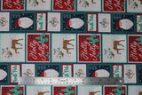 Flat swatch Patch fabric (white, red, and navy square and rectangle christmas themed patches with christmas text and/or graphics within: santa heads, reindeer, "Ho Ho Ho" "Holly Jolly" etc)