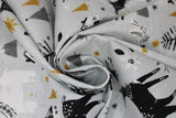 Swirled swatch Animals fabric (light grey fabric with tossed white, black, grey and gold with sparkle winter elements allover: deer, polar bears, houses, mountains, trees with stars, snowflakes, etc.)
