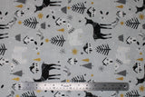 Flat swatch Animals fabric (light grey fabric with tossed white, black, grey and gold with sparkle winter elements allover: deer, polar bears, houses, mountains, trees with stars, snowflakes, etc.)