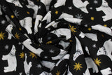 Swirled swatch Polar Bear fabric (black fabric with tossed white polar bears and tossed white, grey, and gold with sparkle snowflakes in various shapes and sizes)