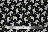 Flat swatch Polar Bear fabric (black fabric with tossed white polar bears and tossed white, grey, and gold with sparkle snowflakes in various shapes and sizes)