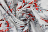 Swirled swatch Gnome Friends fabric (white and grey subtle marbled look fabric with repeated pattern of 3 gnomes in red christmas outfits with faces covered, nose visible on grey tree branches)
