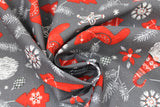 Swirled swatch Ornaments fabric (dark grey fabric with tossed grey, white and red christmas ornaments and tree sprigs, pinecones: stars, bulbs, trees, horses, etc.)
