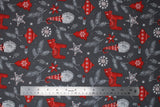 Flat swatch Ornaments fabric (dark grey fabric with tossed grey, white and red christmas ornaments and tree sprigs, pinecones: stars, bulbs, trees, horses, etc.)