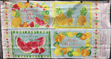 Full panel swatch - Life is Sweet Panel (24" x 45") (summer fruit themed panel with 4 rectangle sections with text "squeeze the day" "life is sweet" etc. and summer fruits within: pineapple, watermelon, citrus fruits)