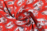 Swirled swatch Gnomies fabric (red fabric with oval white frames with gnomes inside and white/grey tree sprigs and floral beneath)