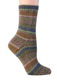 Berroco Comfort Sock yarn swatch (sock on foot) shade Invercargill (shades of brown and pale green and medium blue)