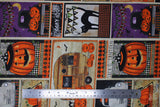 Flat swatch Patchwork fabric (cream coloured fabric with square and rectangle halloween themed patches with text and graphics: "Happy Halloween" "Spooky Night" etc. and black cats, orange jack-o-lanterns, yellow moons, etc.)