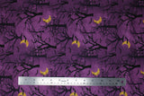Flat swatch Forest fabric (purple subtle marbled look fabric with tossed black trees and branches silhouettes with black birds and yellow moons)