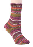 Berroco Comfort Sock yarn swatch (sock on foot) shade Cosmopolitan (dark mauve pinks and medium honey browns with orange)