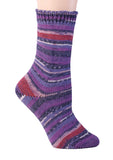 Berroco Comfort Sock yarn swatch (sock on foot) shade English Garden (bright purples and medium pinks with white and blues)