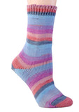 Berroco Comfort Sock yarn swatch (sock on foot) shade Wanaka (pinks and blues in varying hues)
